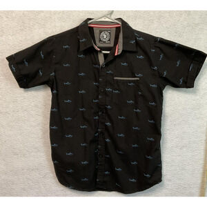 Street Rules Shirt Youth Large Black Shark Print Button Up Short Sleeve Casual